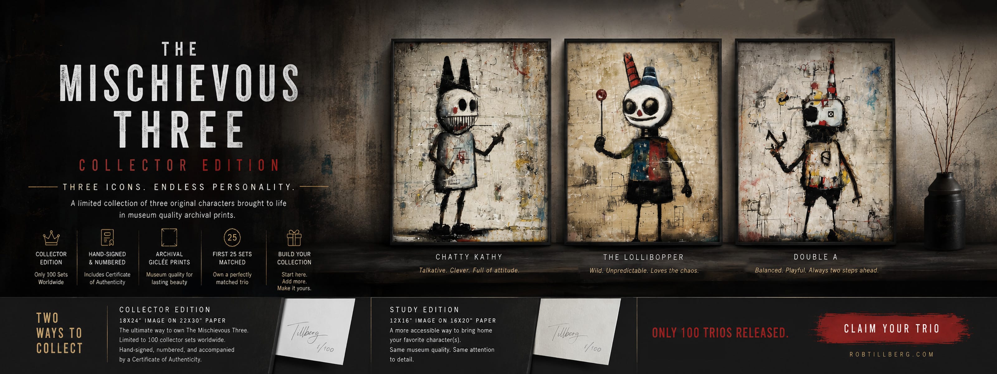 Promotional banner for 'The Mischievous Three Collector Edition' by Tillberg Studio, featuring three framed character art prints against a dark textured background with text detailing the limited edition contents.